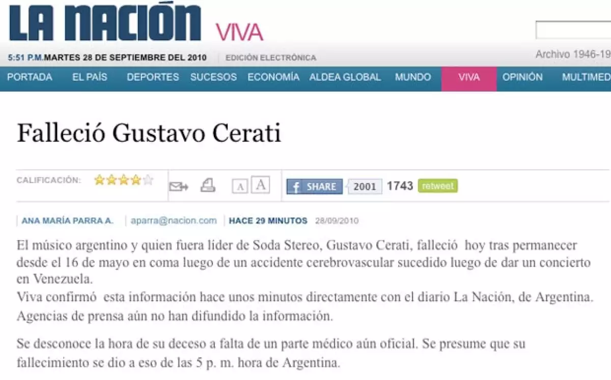 La falsa noticia la dio el diario La Nación de Costa Rica, posteriormente desmintió su propia nota.