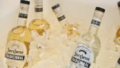 Botellas de tequila José Cuervo Tradicional reposado y blanco colocadas entre hielos en una hielera, con etiquetas visibles y líquido ámbar y transparente.