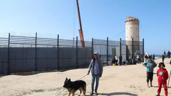 El adolescente palestino desplazado Hassan Abu Saman sostiene a su perro mientras lo pasea en la frontera con Egipto, en medio del conflicto en curso entre Israel y el grupo islamista palestino Hamas, en Rafah, en el sur de la Franja de Gaza, el 20 de febrero de 2024.