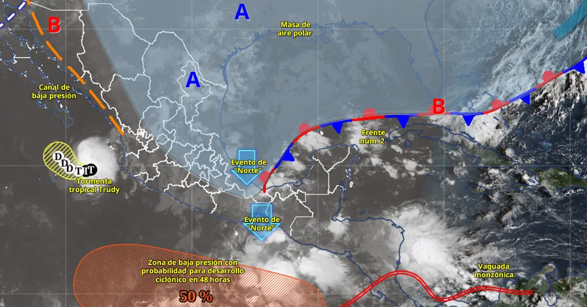 Mapa satelital de México en color gris con líneas rojas y azules que marcan fenómenos meteorológicos.jpg