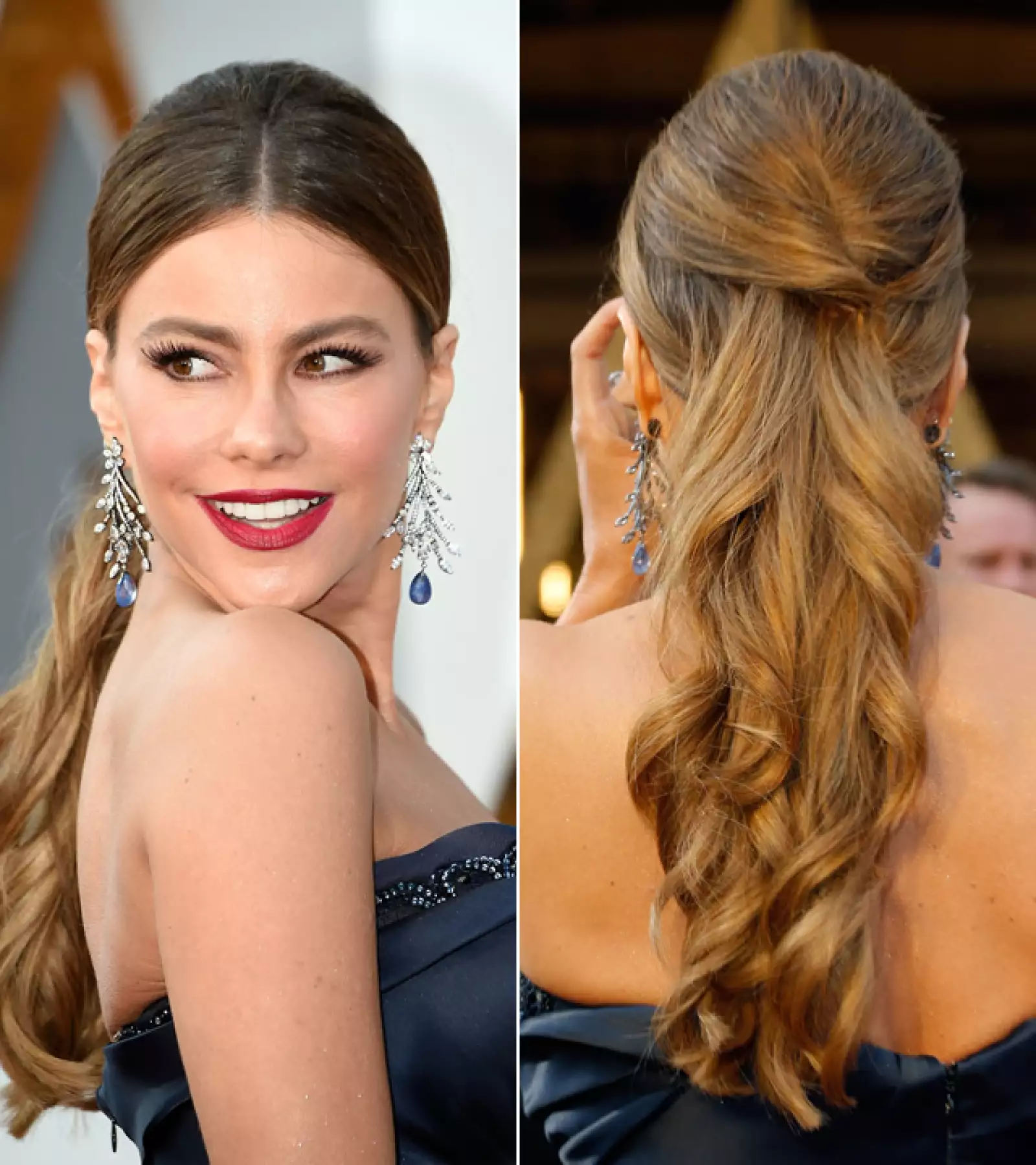 Aplaudimos a Sofía Vergara por optar llevar el pelo recogido en vez de suelto como suele acostumbrar. Llevó los ojos delineados y con un ligero smokey y los labios en un rojo intenso que resaltó su sonrisa.