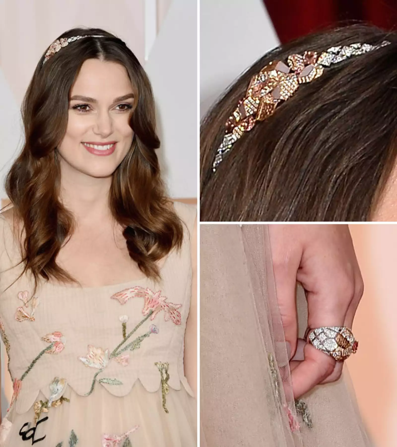 La actriz británica Keira Knightley, lució una diadema con diamantes blancos y rosas de 18k con zafiros rosas y ópalos, y un anillo de diamante Sunset con zafiro, ambos de Chanel Fine Jewellery.
