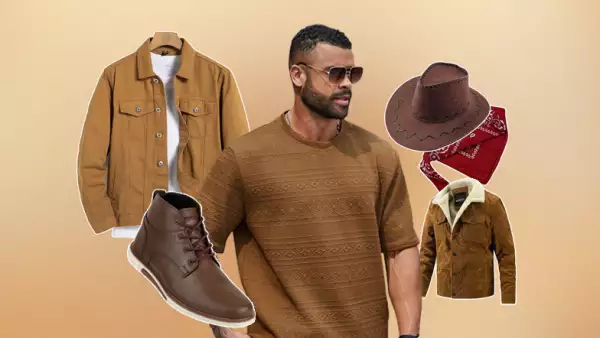 Foto collage de un hombre con lentes oscuros, playera de punto café, botines, chamarra de piel y sombrero de tejana.