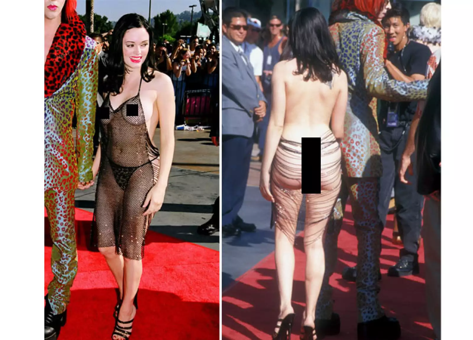 No podríamos olvidar el vestido de Rose McGowan en este listado, que ha quedado para la historia como uno de los más impactantes. La entonces novia de Marilyn Manson iba practicamente desnuda a los Video Music Awards 1998.