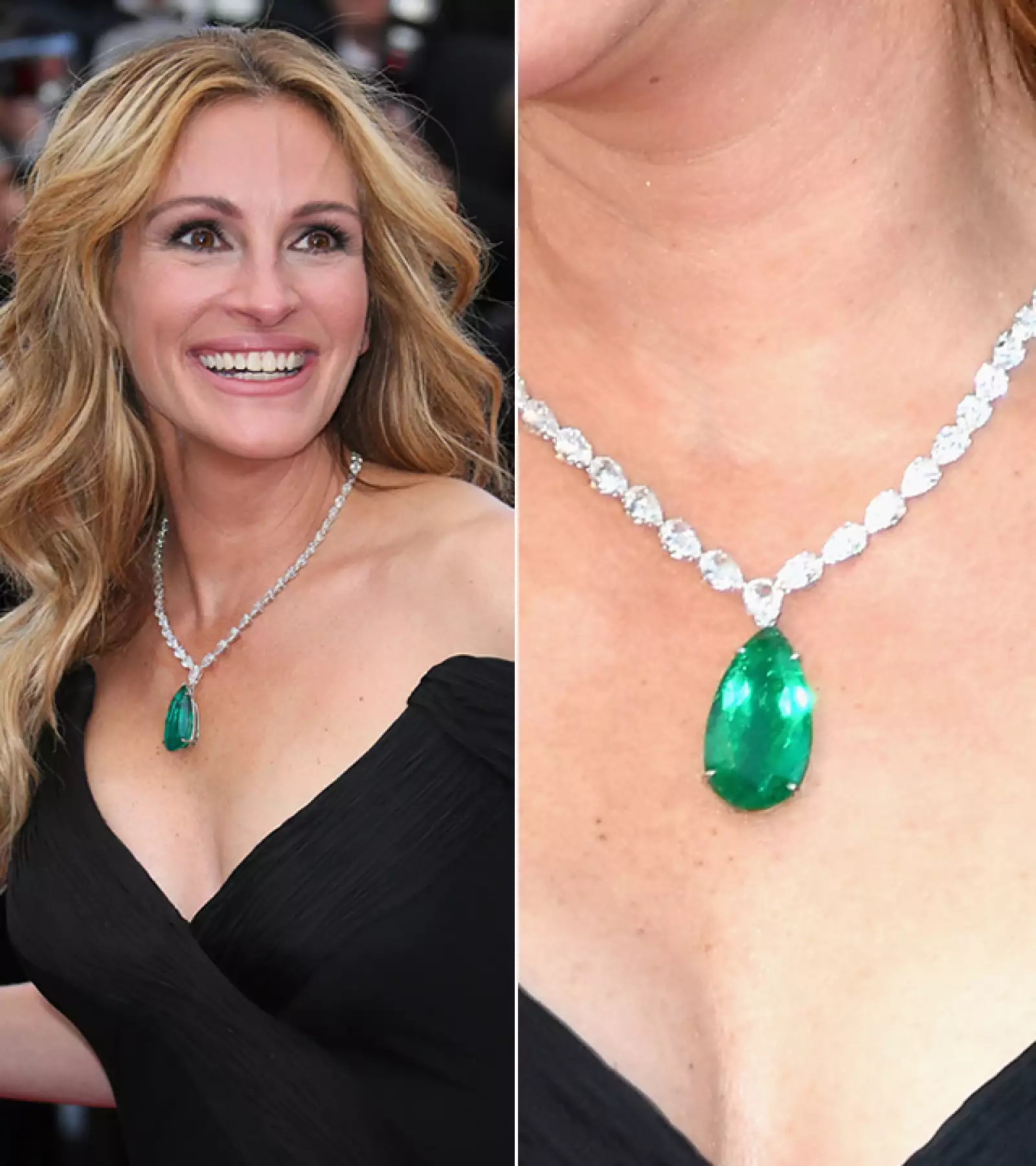 Julia Roberts impactó on un collar de Chopard de diamantes y una esmeralda de 52.76 quilates a la premiere de `Money Monster´.