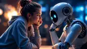 Una mujer conversa frente a frente con un robot humanoide, una representación de una interacción cada vez más cercana entre personas y sistemas de inteligencia artificial.