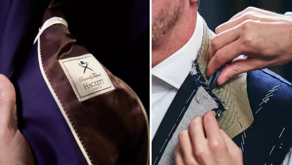 Foto doble de un traje de Hackett London en construcción