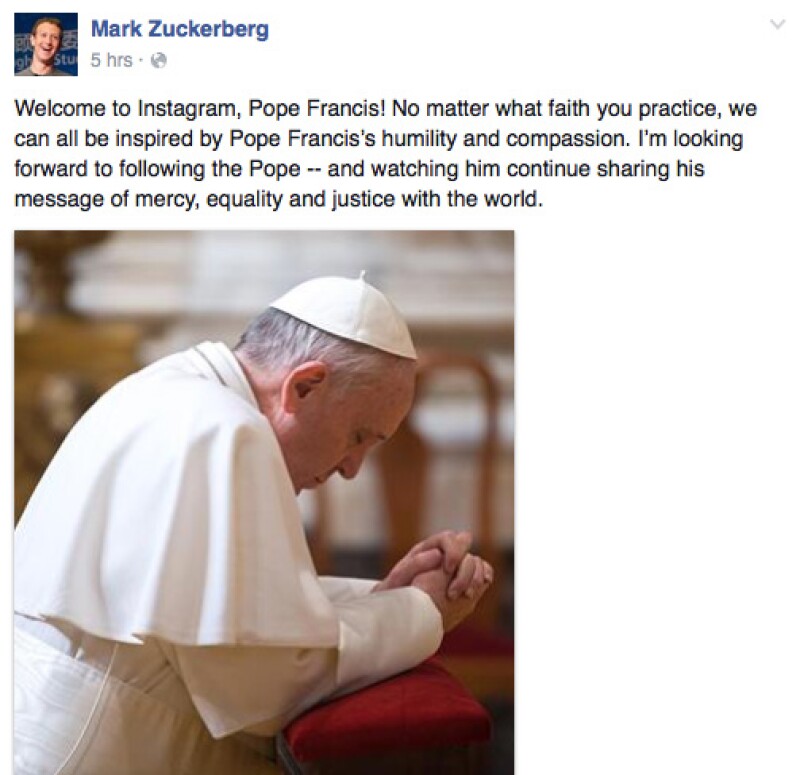 El fundador de Facebook le dio la bienvenida al Papa.