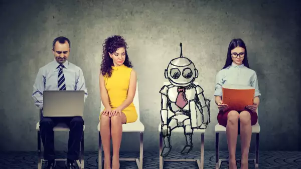 Cartoon robot sitting in line with applicants for a job interview