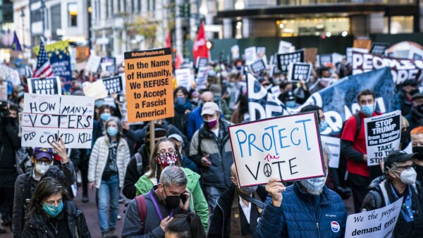 People attend a "Count Every Vote" rally the day after the U.S. election in the Manhattan borough of New York City