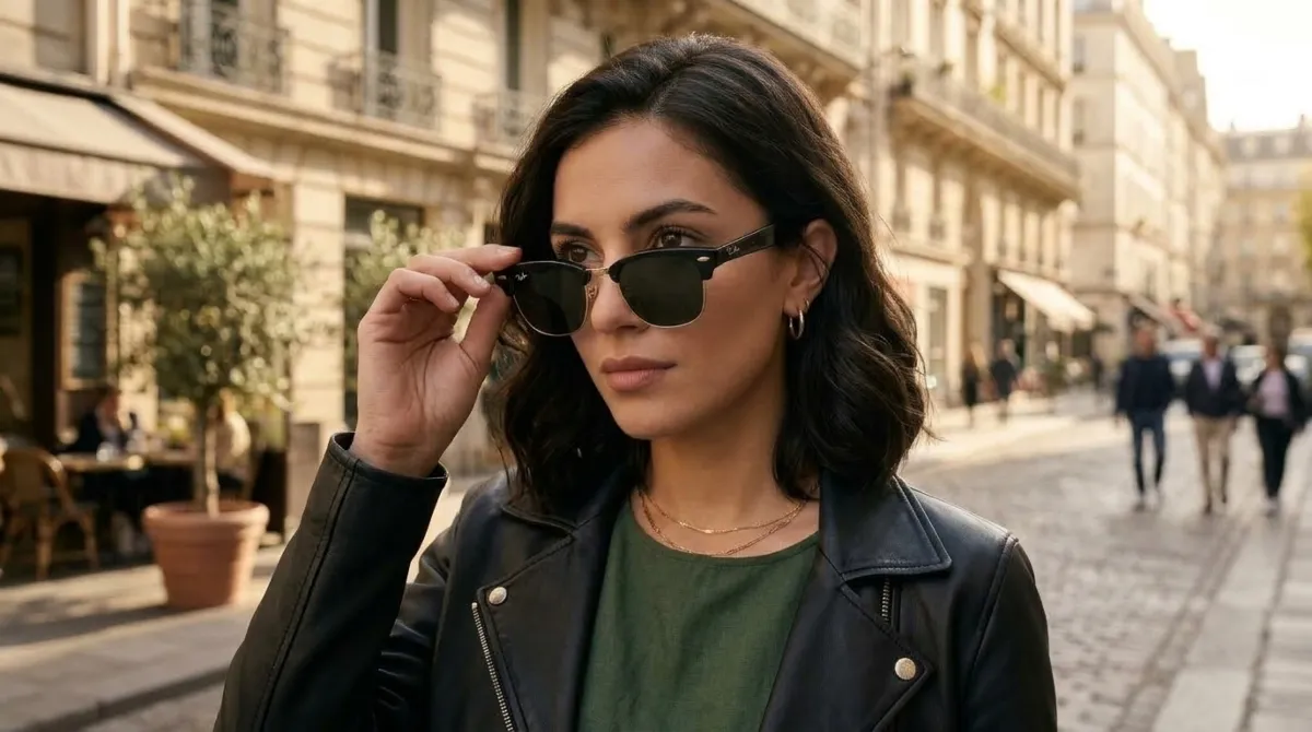 Mujer joven en una calle, se ve del hombro hacia arriba; usa unos lentes Ray-Ban de Meta y los sujeta con su mano de un lado. 