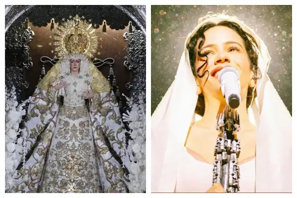 En esta imagen se compara la iconografía La Virgen de la Macarena con el momento del Lux Tour en el que Rosalía interpreta 'Mio Cristo Piange Diamante'.