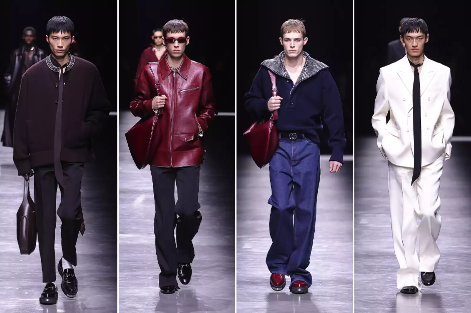 Desde un nuevo traje de dos hileras de botones hasta mocasines Horsebit con suelas creeper, desde una bolsa Jackie magnificada hasta la bolsa con forma de luna creciente reinterpretada de la década de 1950, la ropa de hombre clásica y contemporánea en Gucci es rediseñada con cortes precisos, volúmenes estudiados, colores seleccionados y un toque subversivo.