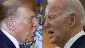 Esta combinación de imágenes de archivo creadas el 6 de marzo de 2024 muestra, el candidato presidencial republicano de EE. UU. y expresidente de EE. UU. Donald Trump en Concord, New Hampshire, el 19 de enero de 2024; y el presidente de EE. UU. Joe Biden en Culver City, California, el 21 de febrero de 2024. (Debate presidencial Donald Trump vs Joe Biden, estos son los temas clave)