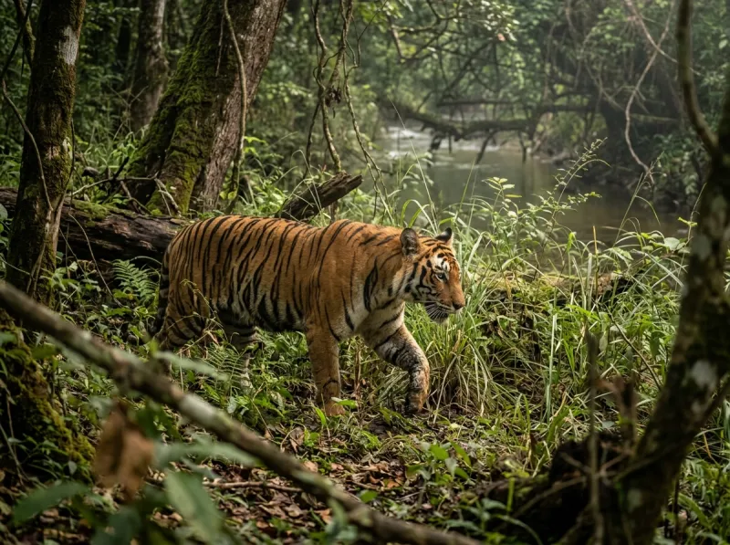 Un tigre caminando en medio de la selva con un arroyo detrás.