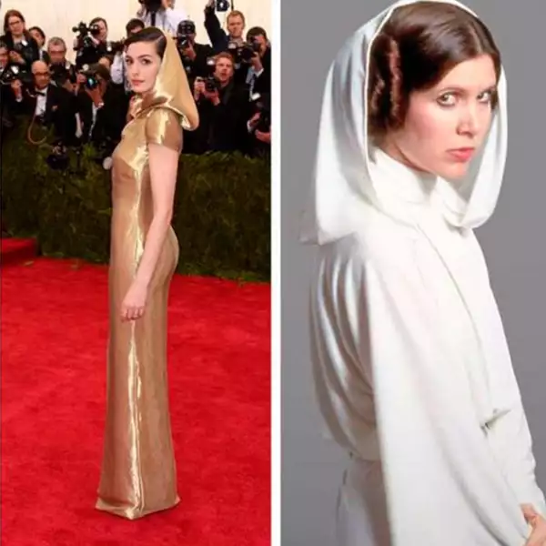 Anne Hathaway y su vestido dorado con capucha fueron comparados con la princesa Lea de la saga La Guerra de las Galaxias.