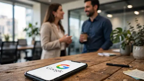 Dos personas conversando al fondo, en primer plano se observa un celular con la pantalla prendida y el logo de Google.