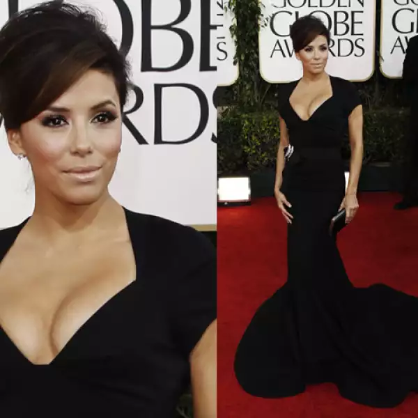 Eva Longoria eligió un vestido negro largo para acudir a los Golden Globes.