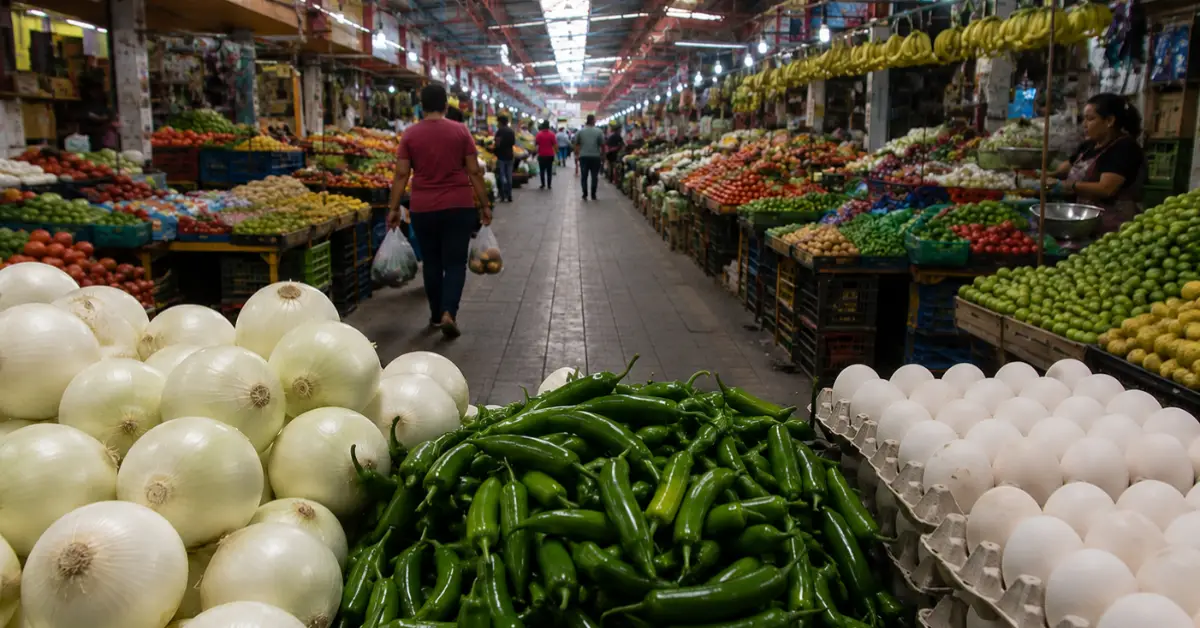 Pasillo de un mercado donde hay cebolla, chile, huevo, plátanos y limones.jpg