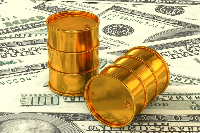 3d illustration: Golden barrels of oil lie on the background of dollar money. Petroleum business, black gold, gasoline production. Purchase sale, auction, stock exchange.