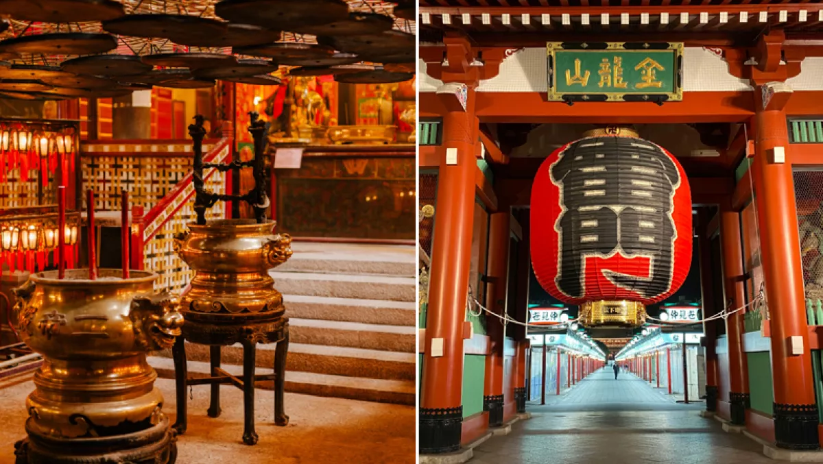 Foto doble con el interior y la entrada principal al santuario Meiji, en Tokio.
