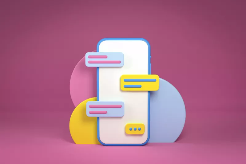 3d render illustration the white smartphone, Application and social media concept, communication, messenger. Mock-up phone empty screen on pink background