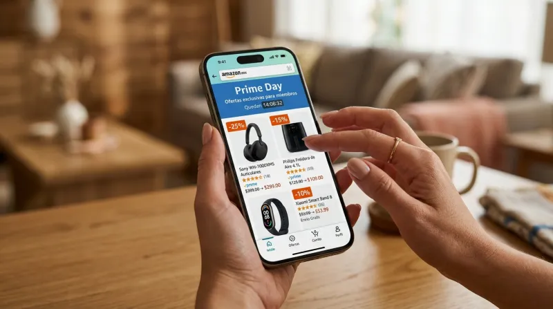 Manos sosteniendo un iPhone con la página de ofertas de Amazon abierta, donde aparece la leyenda “Prime Day” y productos con descuentos de 25%, 15% y 10%.