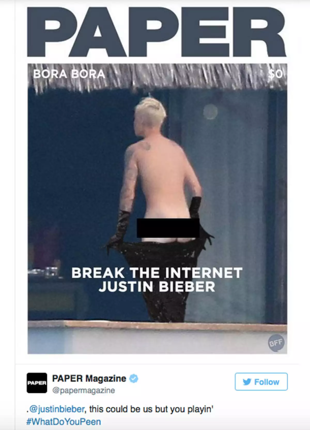 La revista Paper comparó a Justin con su portada de Kim Kardashian.