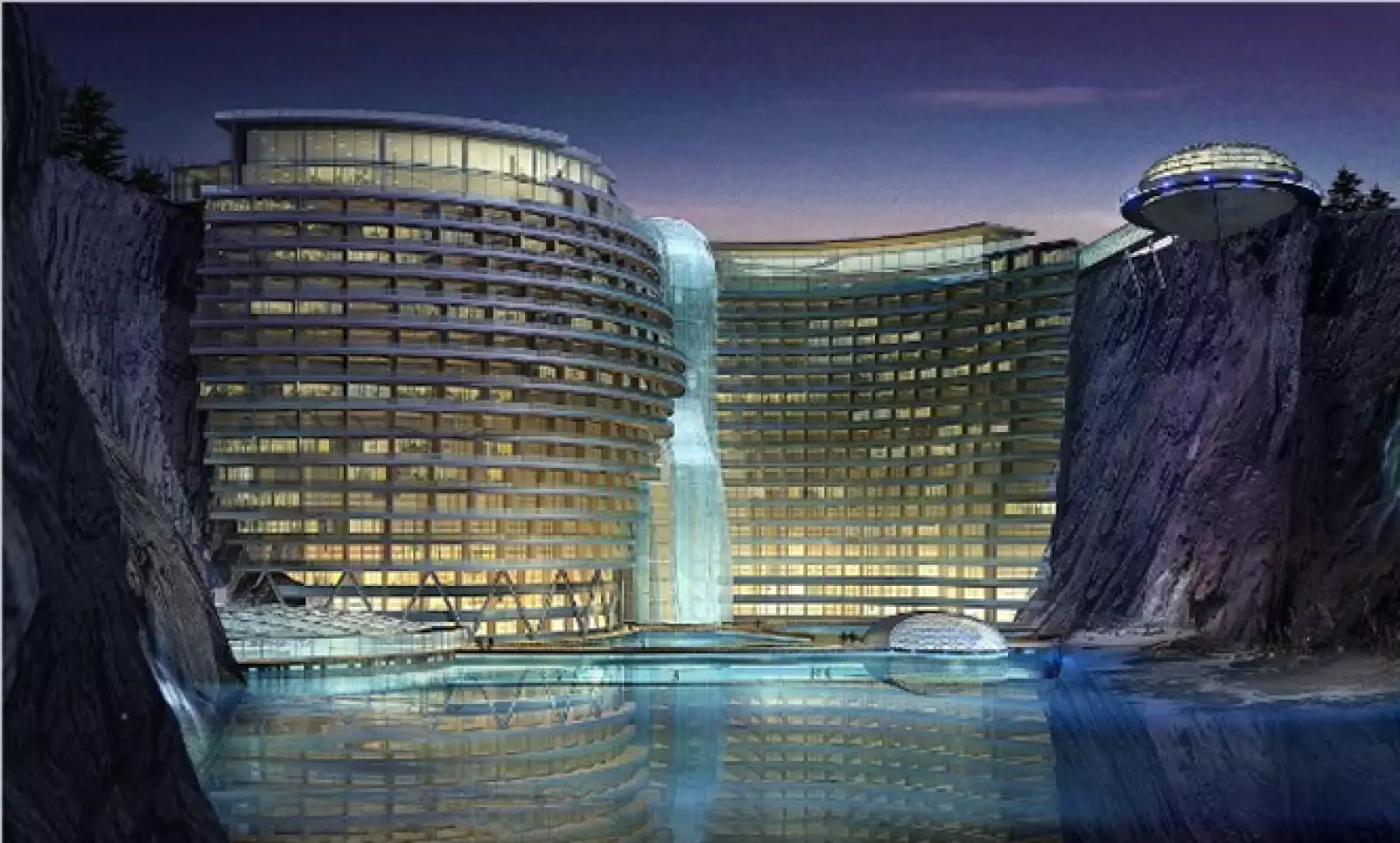 El Wonderland gana el premio a la ubicación menos probable: una excavación de roca abandonada  y parcialmente inundada en Shanghai. Este “hotel cueva”, contará con dos pisos sumergidos que incluirá un complejo de deportes acuáticos, spa, piscina, restaura