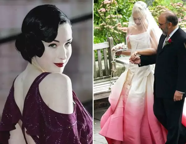 Dita Von Teese usó un color púrpura profundo para su boda con Marilyn Manson, y Gwen Stefani impactó con un rosa intenso diseñado por John Galliano.