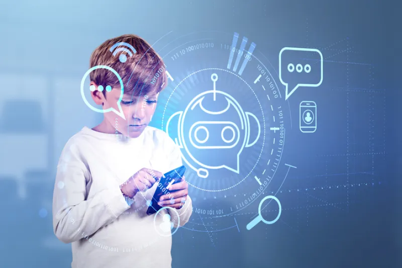 Imagen de un niño menor de 10 años sosteniendo un teléfono y, frente a él, la ilustración de una IA representando su interacción con él.