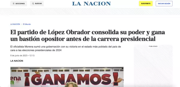 Captura de pantalla de una nota del diario argentino La Nación tomada la mañana del 5 de junio de 2023.  