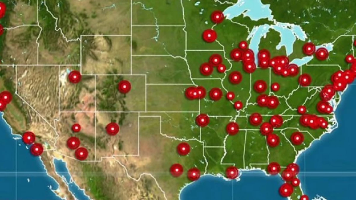 Los puntos rojos representan las ciudades de Estados Unidos en donde se realizaron protestas por la muerte de Michael Brown