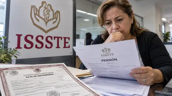 Mujer revisa documentos de pensión y un acta de matrimonio en una oficina, con el logotipo del ISSSTE visible en primer plano.