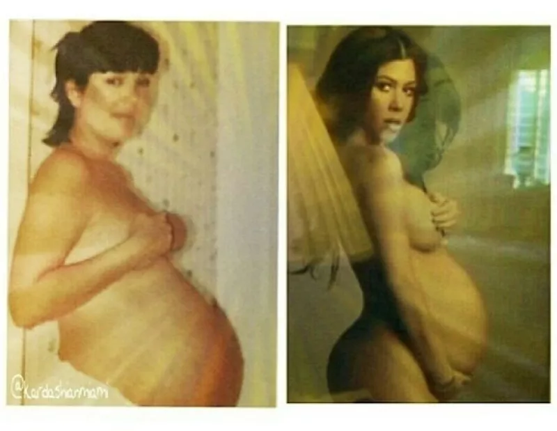 Como homenaje a su madre, la socialité posó como lo hiciera Kris hace algunos años cuando también estaba embarazada.