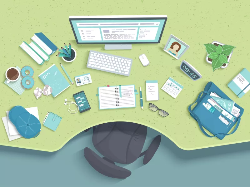 Table with recess, armchair, monitor, planner, books, headphones, phone, coffee, photo, donut, bag, pot, cap. Modern and stylish workplace. Vector background Top view