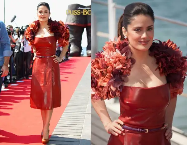Salma en un vestido rojo quemado de Gucci.