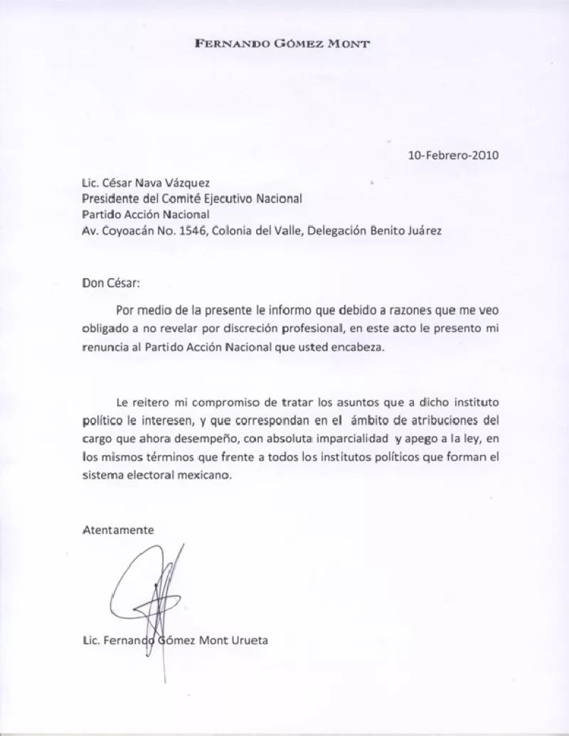 El secretario de Gobernación envió su decisión  al presidente del Comité Ejecutivo Nacional panista, César Nava Vázquez, a través de una carta.