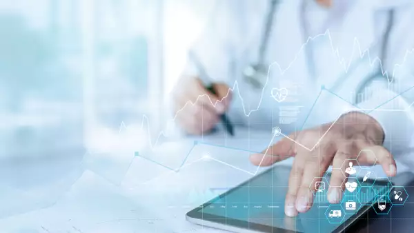 Healthcare business graph data and growth, Medical examination and doctor analyzing medical report network connection on tablet screen.