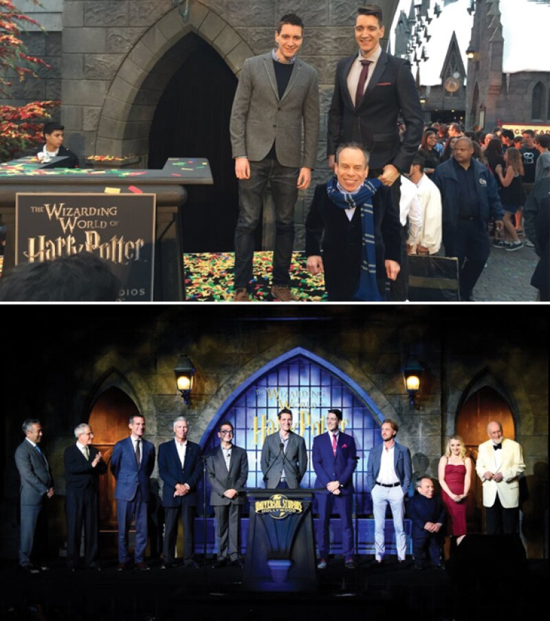 Tom Felton (Draco Draco Malfoy), los gemelos James y Oliver Phelps (Fred y George Weasley), Evanna Lynch (Luna Lovegood) y Warwick Davis (Professor Flitwick).