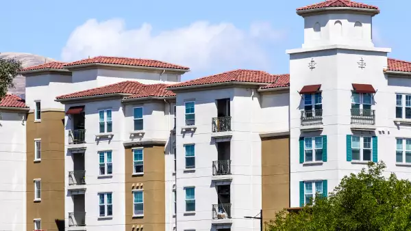 Exterior view of multifamily residential building; San Jose, South San Francisco bay area, California