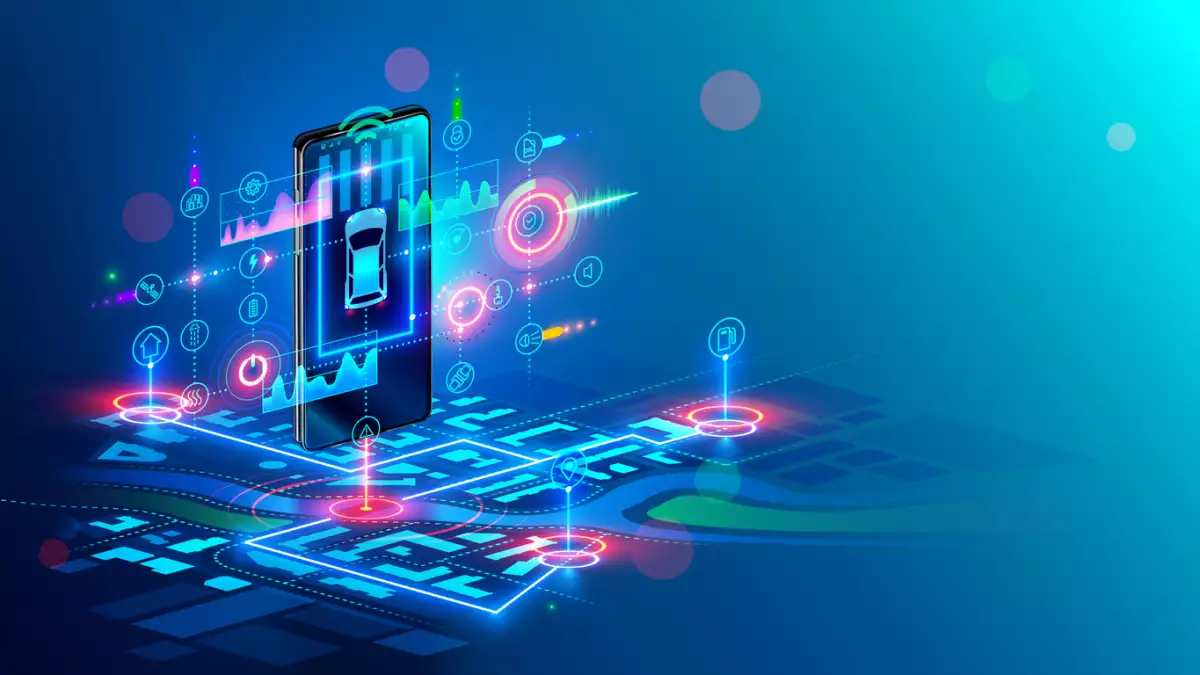 Isometric virtual abstract interface of Intelligent car system and gps navigator on hanging screen of smartphone above digital map city. Car sharing service concept. Mobile application of automobile.