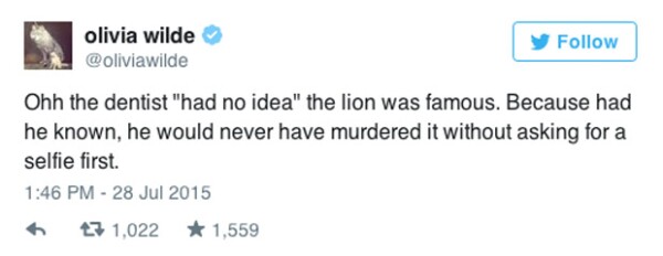 "Ahh el dentista "no tenía idea" que el león era famoso. Porque si supiera, nunca lo hubiera matado sin antes pedirle una selfie"