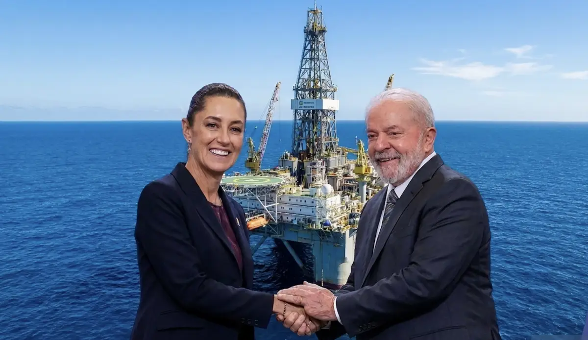 Claudia Sheinbaum y Lula da Silva dándose la mano y de fondo una plataforma petrolera