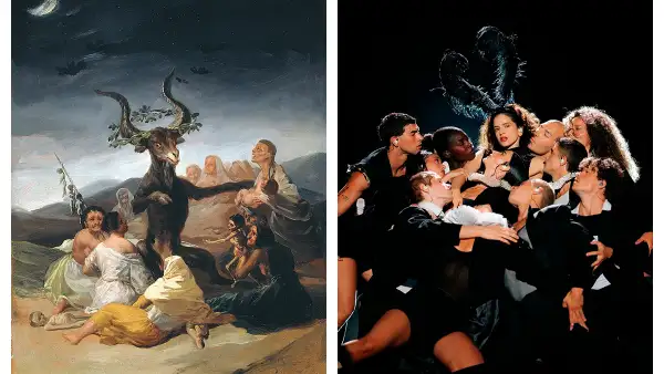 En esta imagen se compara la pintura 'El Aquelarre' de Goya con el momento en el que Rosalía interpreta Berghain en el Lux Tour. 