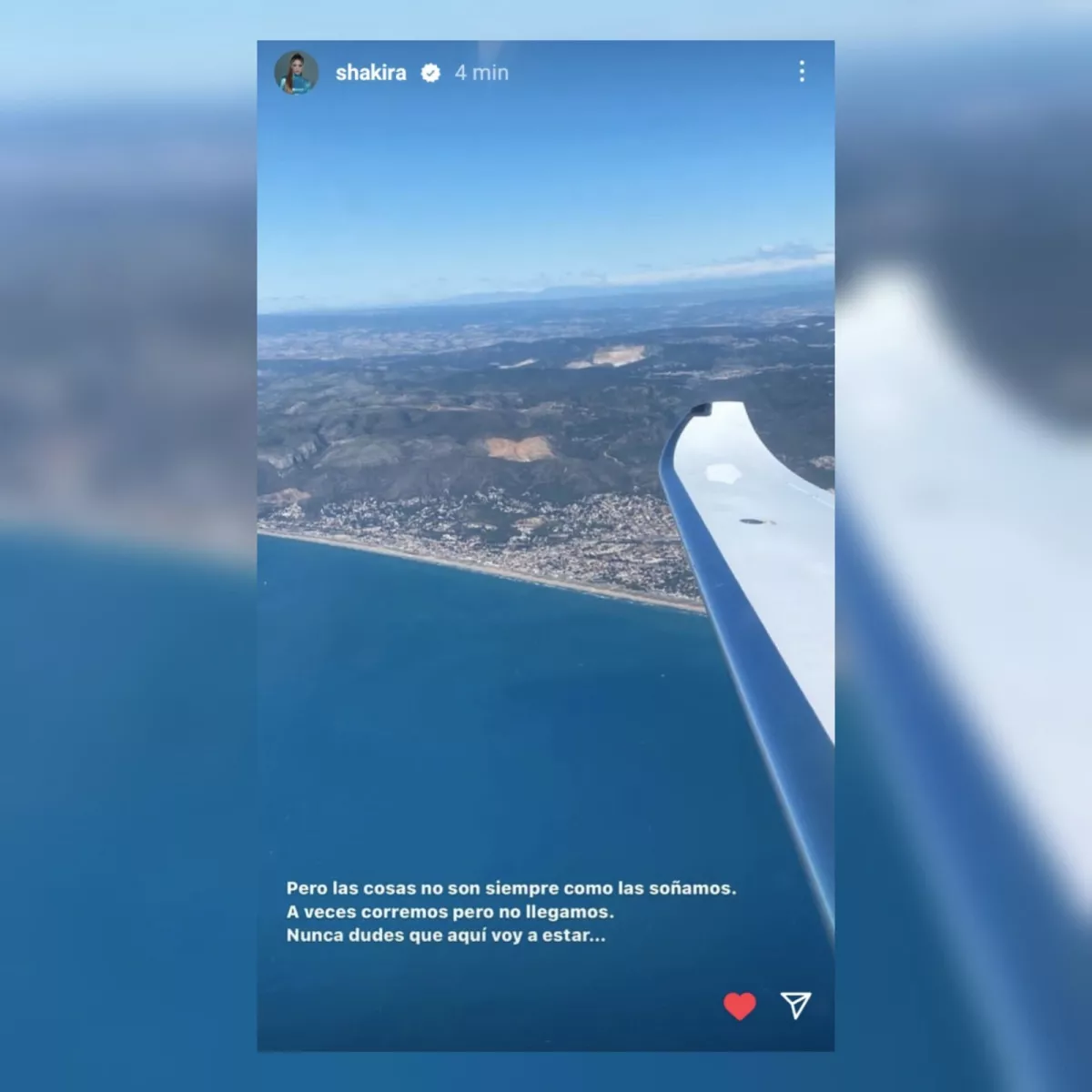 Historia del Instagram de Shakira cuando partió de Barcelona, en el se lee la frase "Pero las cosas no son siempre como las soñamos. A veces corremos pero no llegamos. Nunca dudes que aquí voy a estar..."