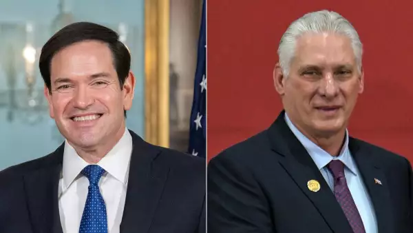 Esta combinación de imágenes creadas el 11 de enero de 2026 muestra al Secretario de Estado de los Estados Unidos, Marco Rubio, durante una reunión con el Ministro de Relaciones Exteriores belga Maxime Prevot, en la Sala de Tratados del Departamento de Estado de los Estados Unidos en Washington, DC, el 6 de enero de 2026; y al presidente de Cuba, Miguel Díaz-Canel, durante la apertura de la XXIV Cumbre ALBA-TCP en Caracas el 14 de diciembre de 2024.