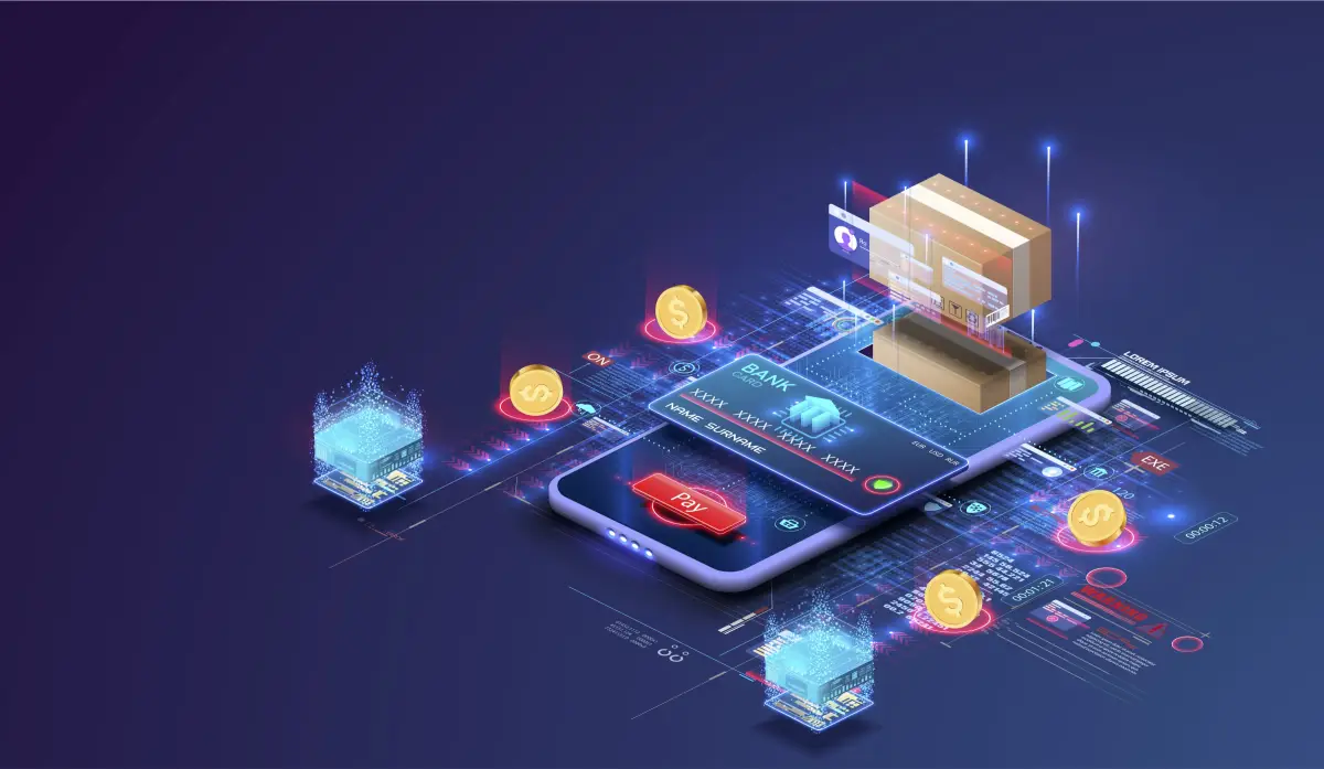  Compras en línea dentro de la aplicación, marketing digital, una tarjeta de crédito una caja en la pantalla del smartphone. Pago, entrega de pedidos desde el mercado de Internet. Tecnologías modernas de pago y entrega en línea. 
