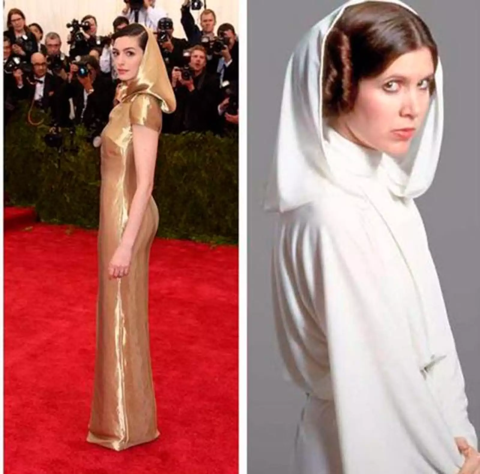 Anne Hathaway y su vestido dorado con capucha fueron comparados con la princesa Lea de la saga La Guerra de las Galaxias.