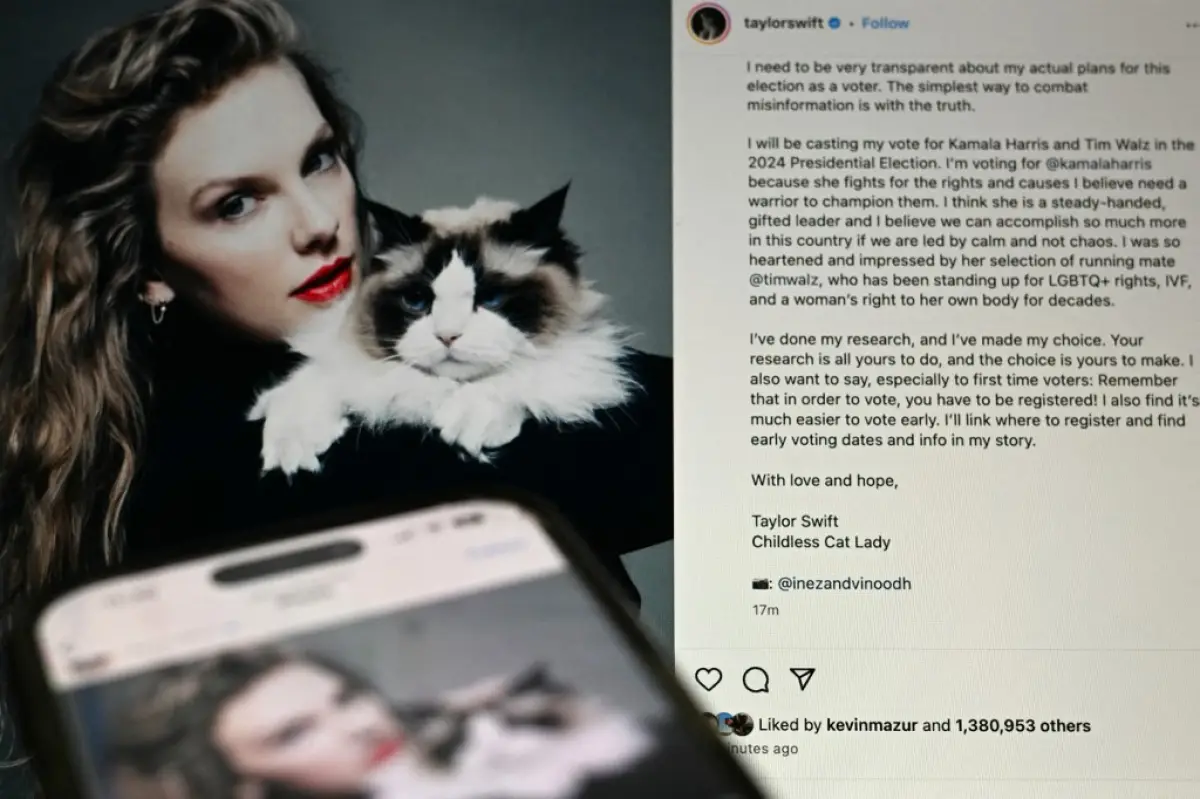 Esta foto ilustrativa tomada en Washington, DC el 10 de septiembre de 2024 muestra la publicación de Instagram de la cantante estadounidense Taylor Swift respaldando a la vicepresidenta estadounidense y candidata presidencial demócrata Kamala Harris.